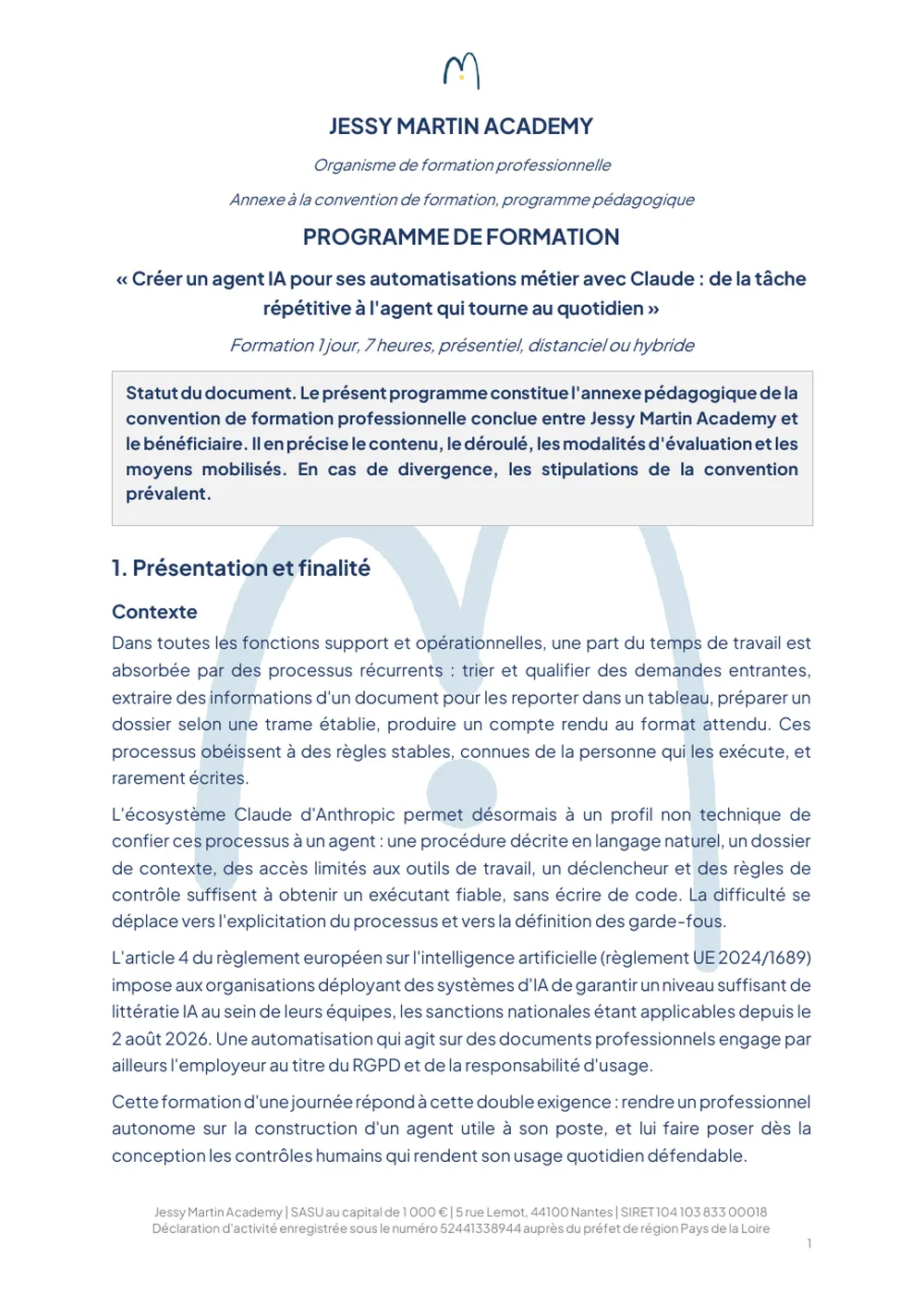 La première page d'un programme de formation de Jessy Martin Academy, généré depuis son document source