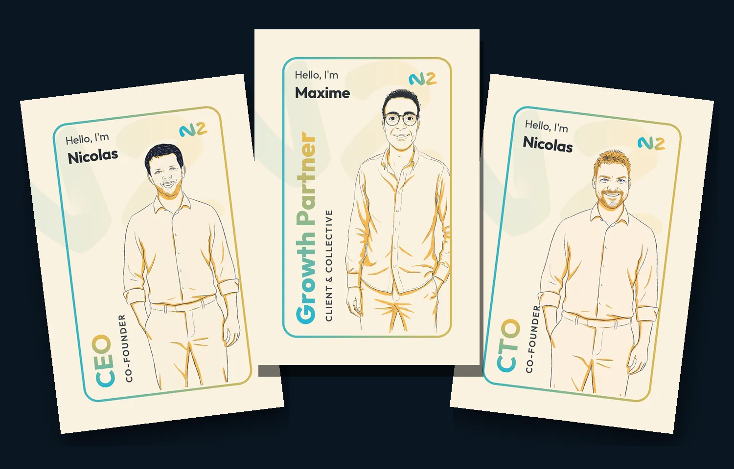 Trois cartes de visite N2 déclinées du même gabarit : Nicolas, Maxime et Nicolas