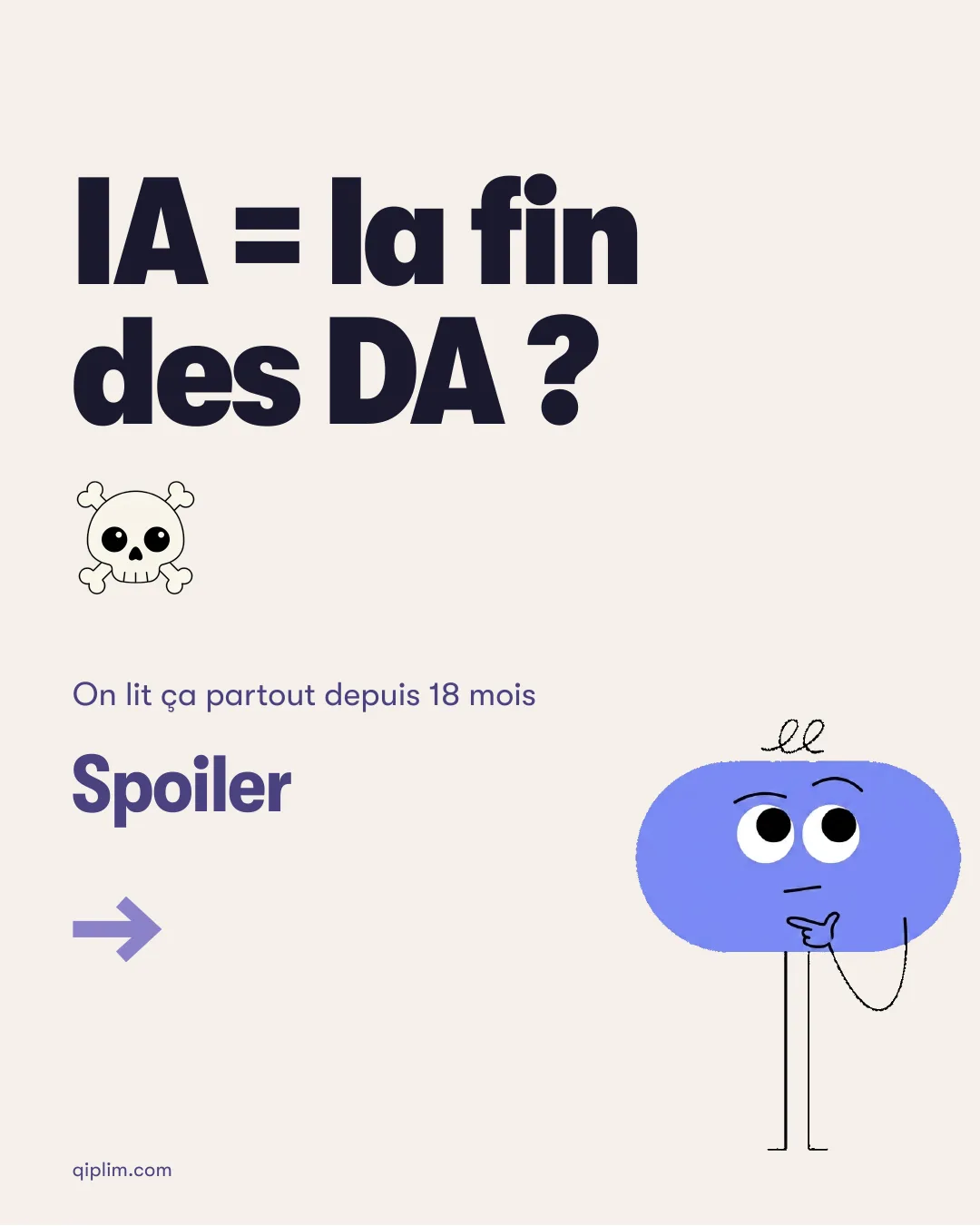 Carrousel LinkedIn 'IA = la fin des DA ?' produit pour Qiplim avec Claude Code et Gemini, cliquer pour ouvrir le PDF des 10 slides