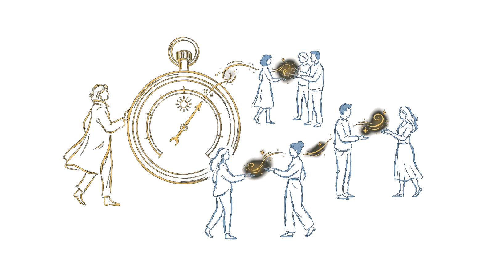 A person next to a large hand-drawn barometer, surrounded by colleagues passing sparks of light to one another