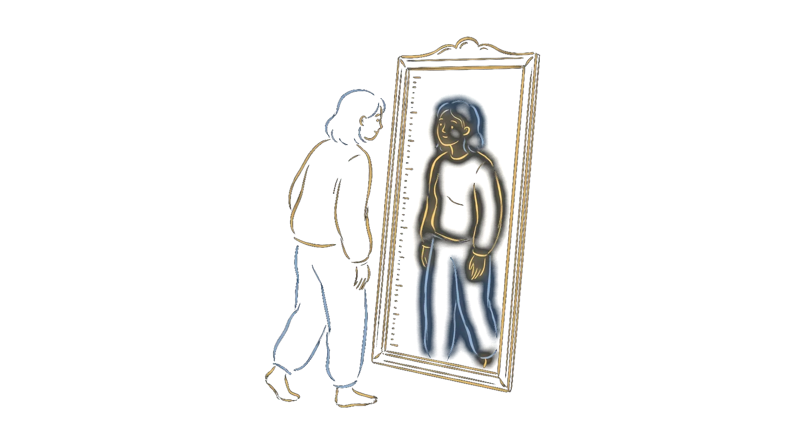 Une personne découvre son reflet dans un grand miroir au cadre doré