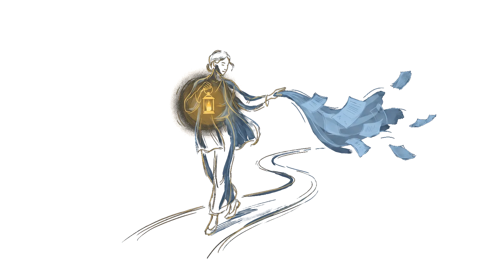 A person holds a lantern close and keeps a stack of documents from sliding away