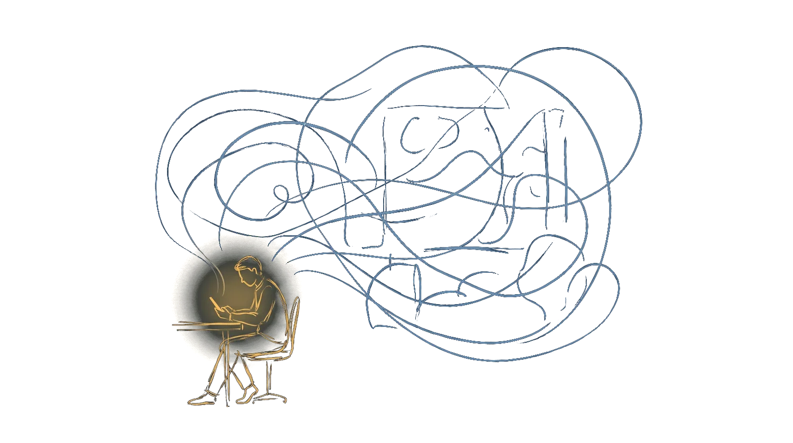 A person alone at a desk, lit by a phone, in front of a tangle of lines