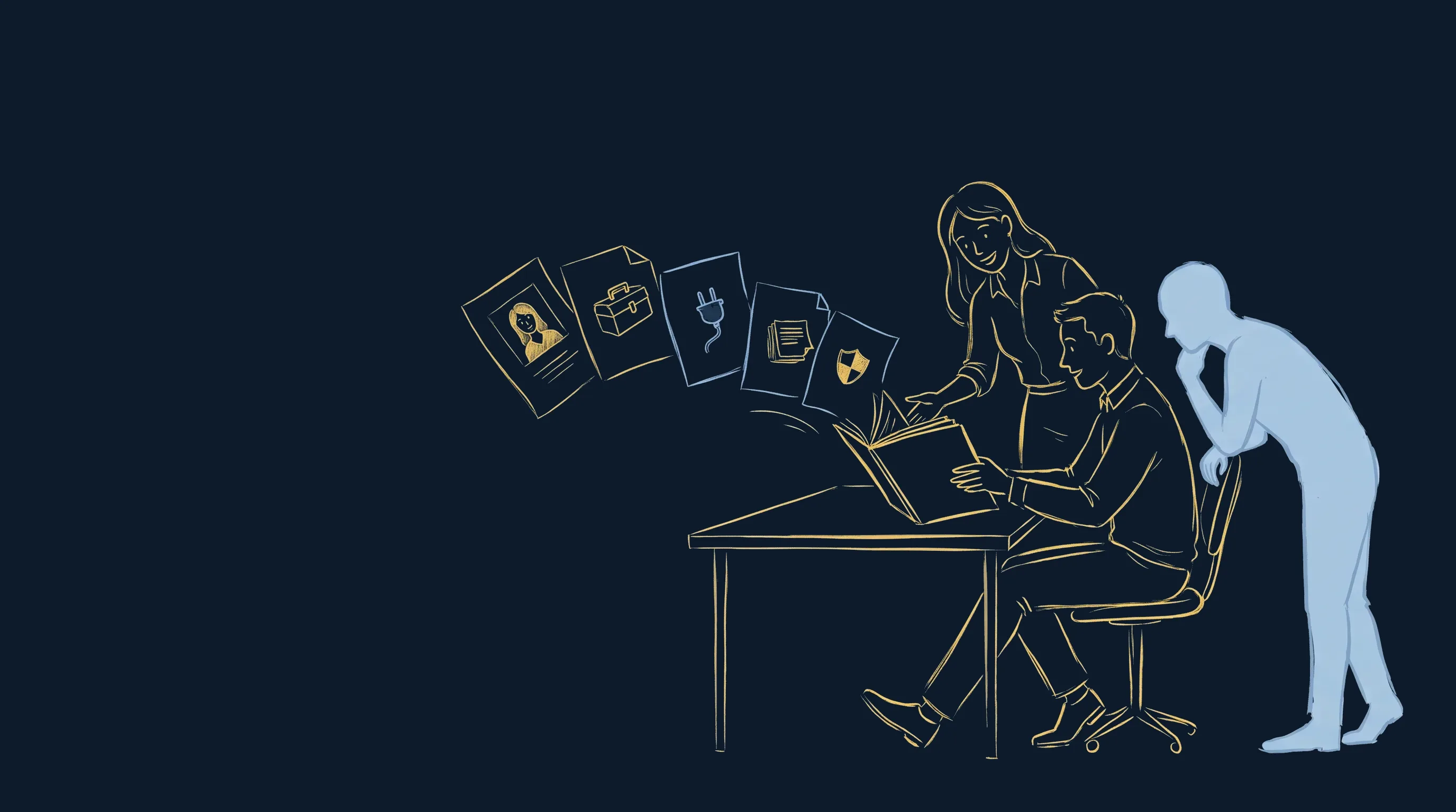 Une nouvelle recrue reçoit un dossier de bienvenue, à côté d'une silhouette d'assistant qui le consulte