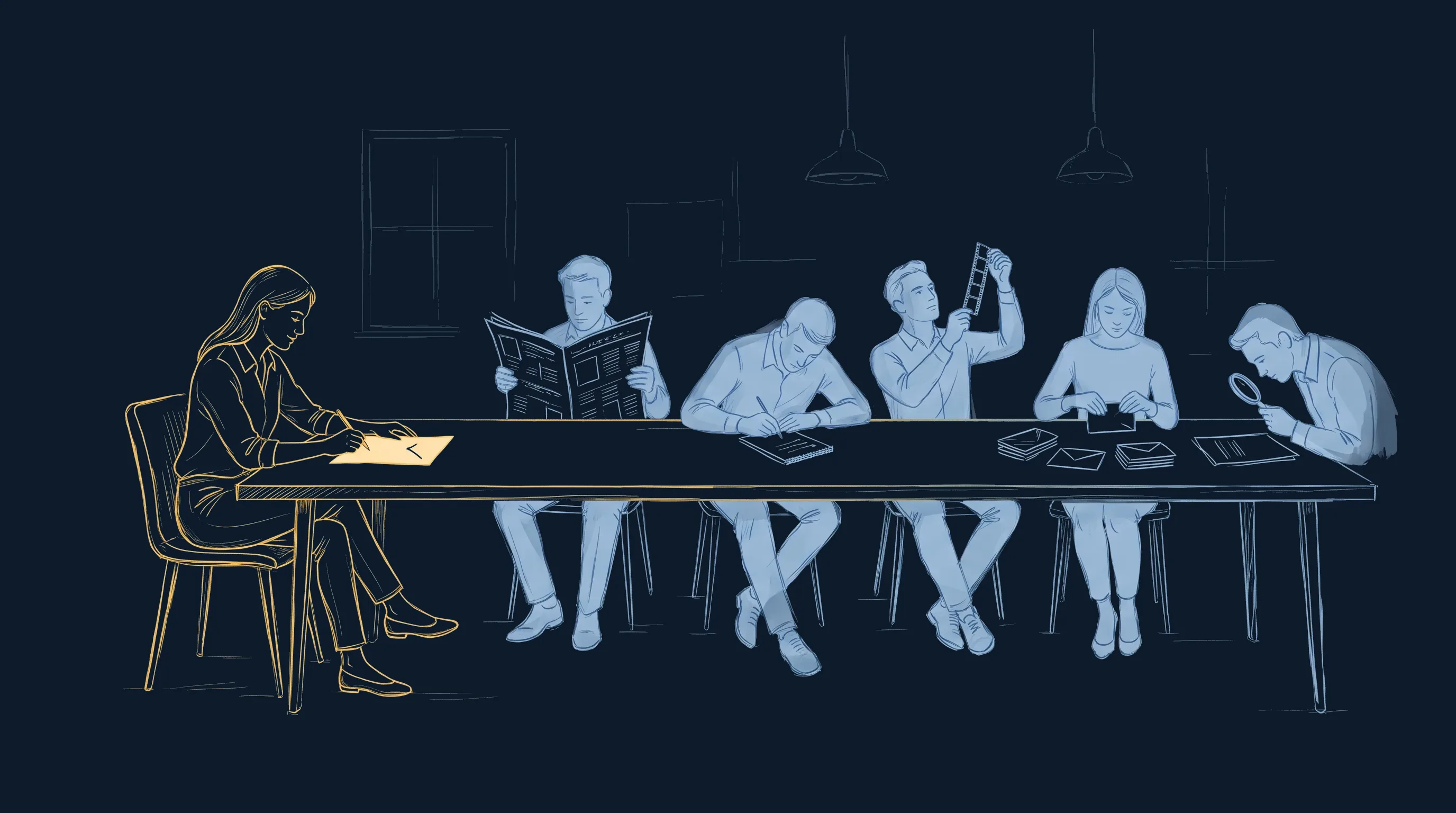 Une marketeuse coche une page en bout de table pendant que des silhouettes d'assistants travaillent chacune sur une tâche