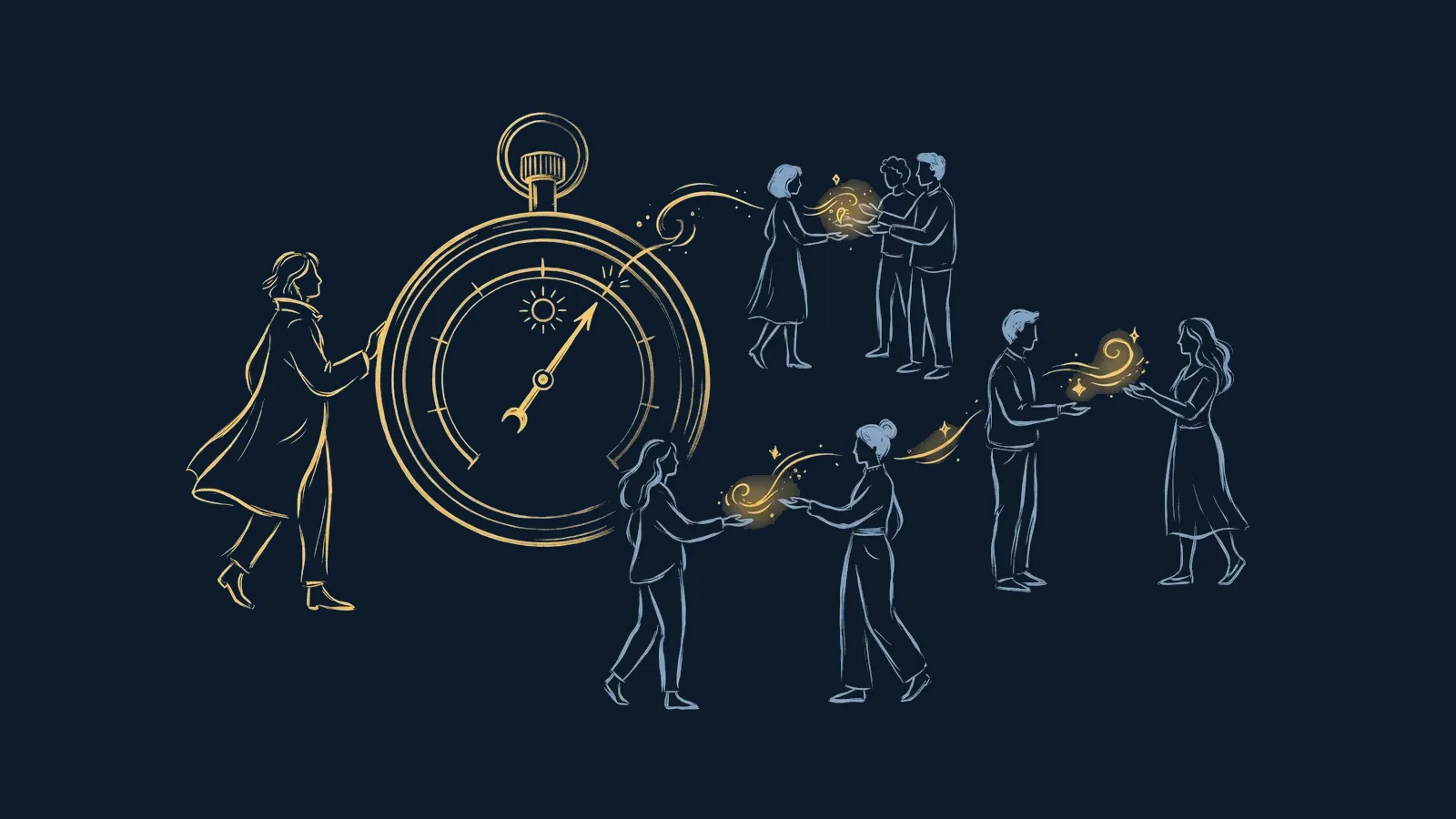 Hand-drawn illustration: a person next to a large barometer, surrounded by colleagues passing sparks of light to one another