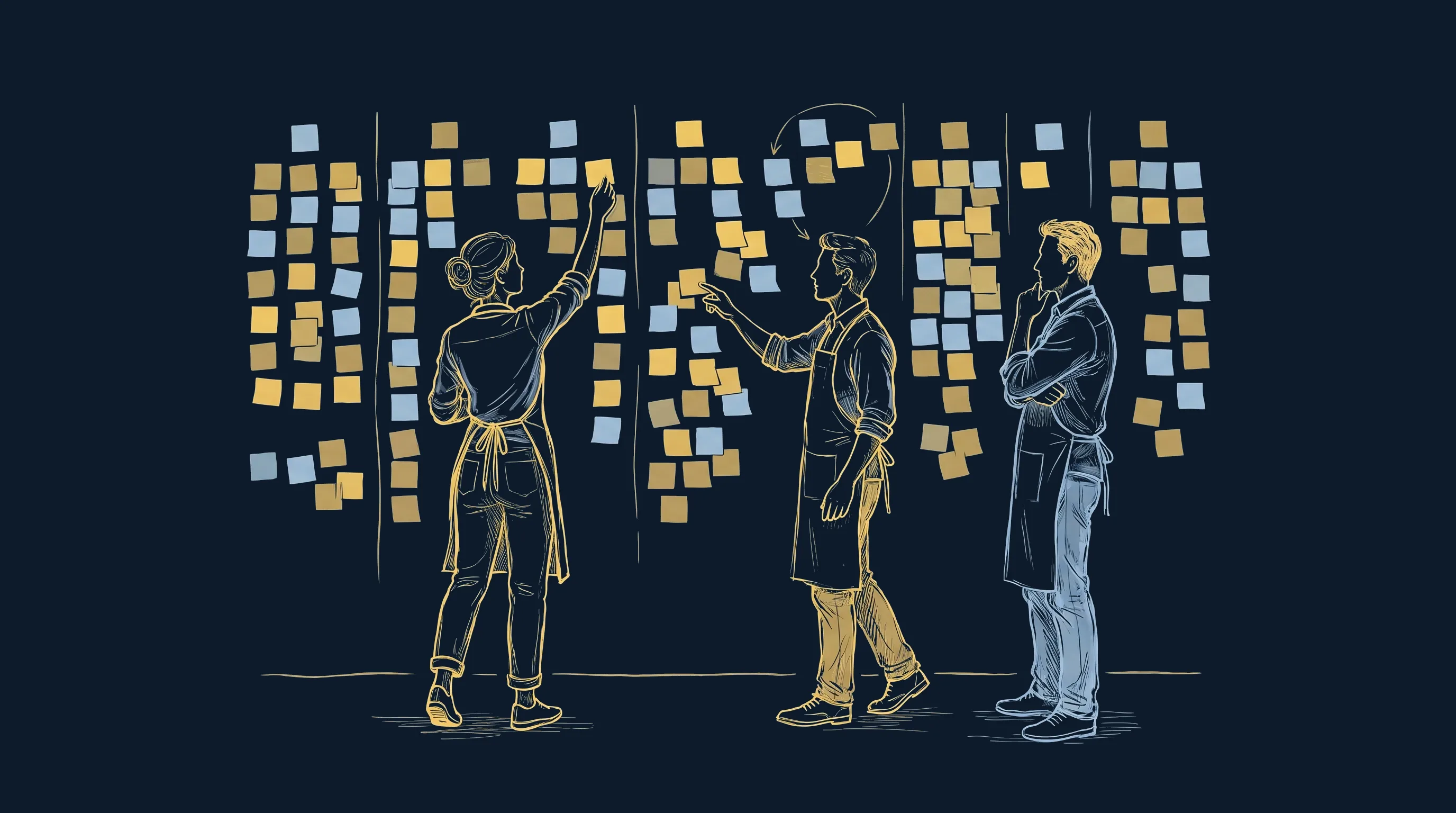 Illustration : une équipe devant un mur de post-its, en train de trier et prioriser ses tâches