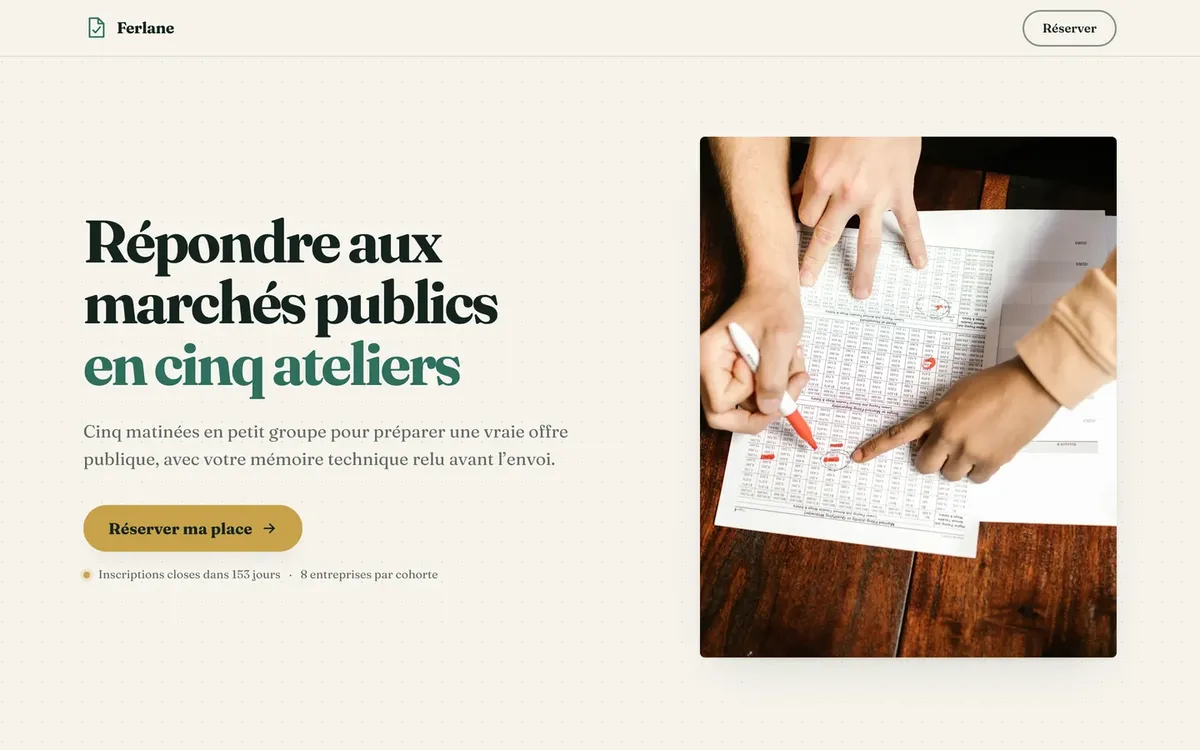 Landing page de formation de la marque fictive Ferlane, construite avec le plugin Atelier web pour Claude Code