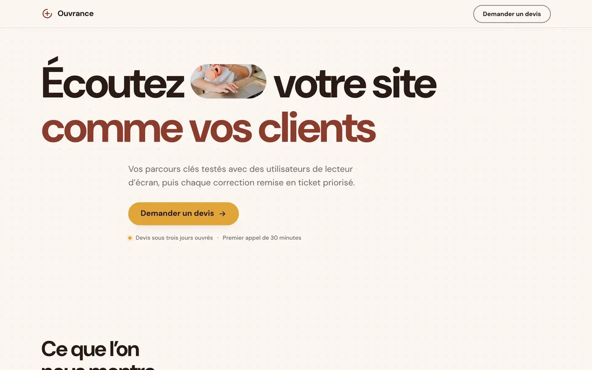Landing page de prestation de la marque fictive Ouvrance, construite avec le plugin Atelier web pour Claude Code