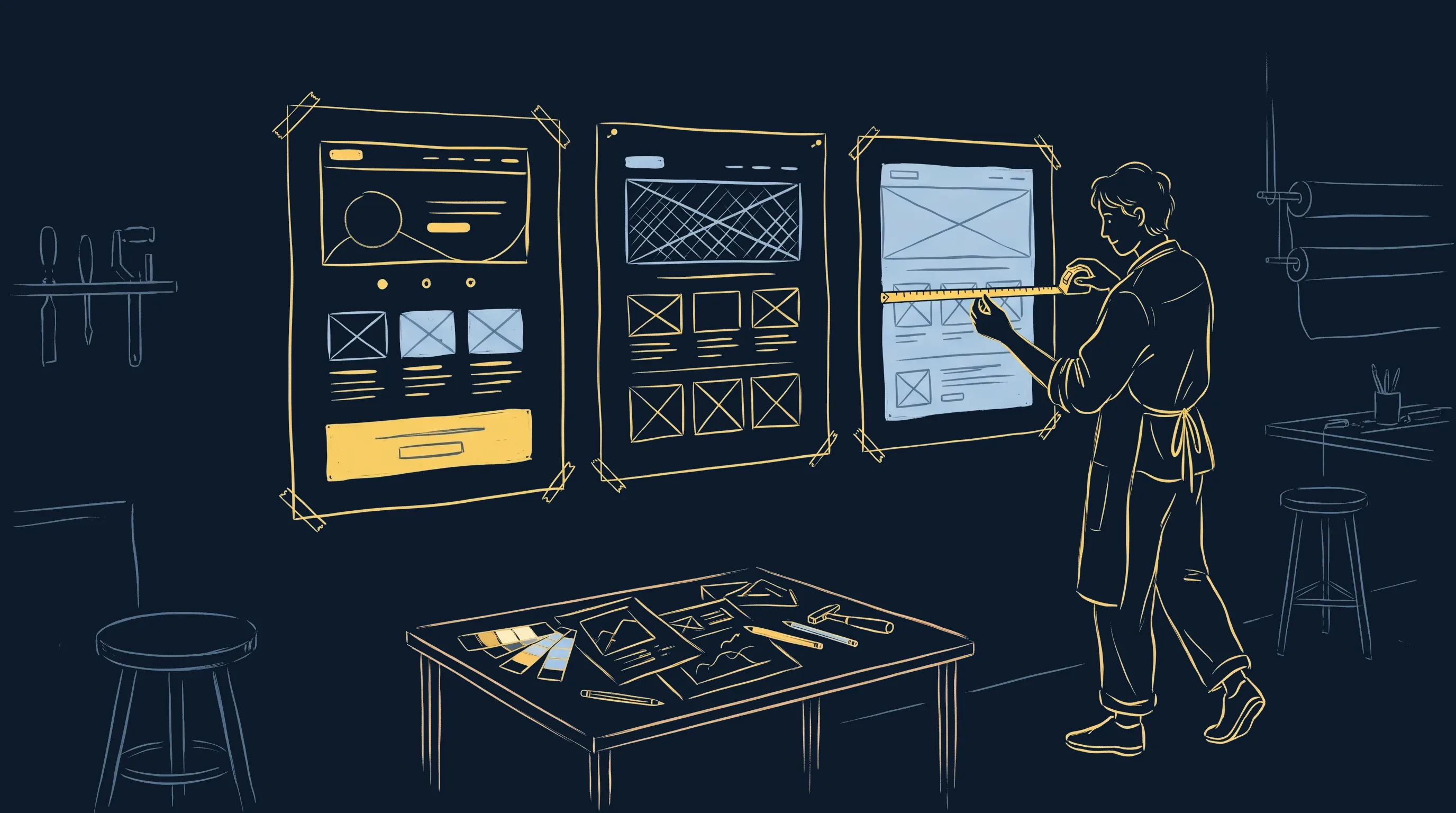 Illustration dessinée à la main : dans un atelier, une personne mesure au mètre ruban trois maquettes de pages web épinglées au mur