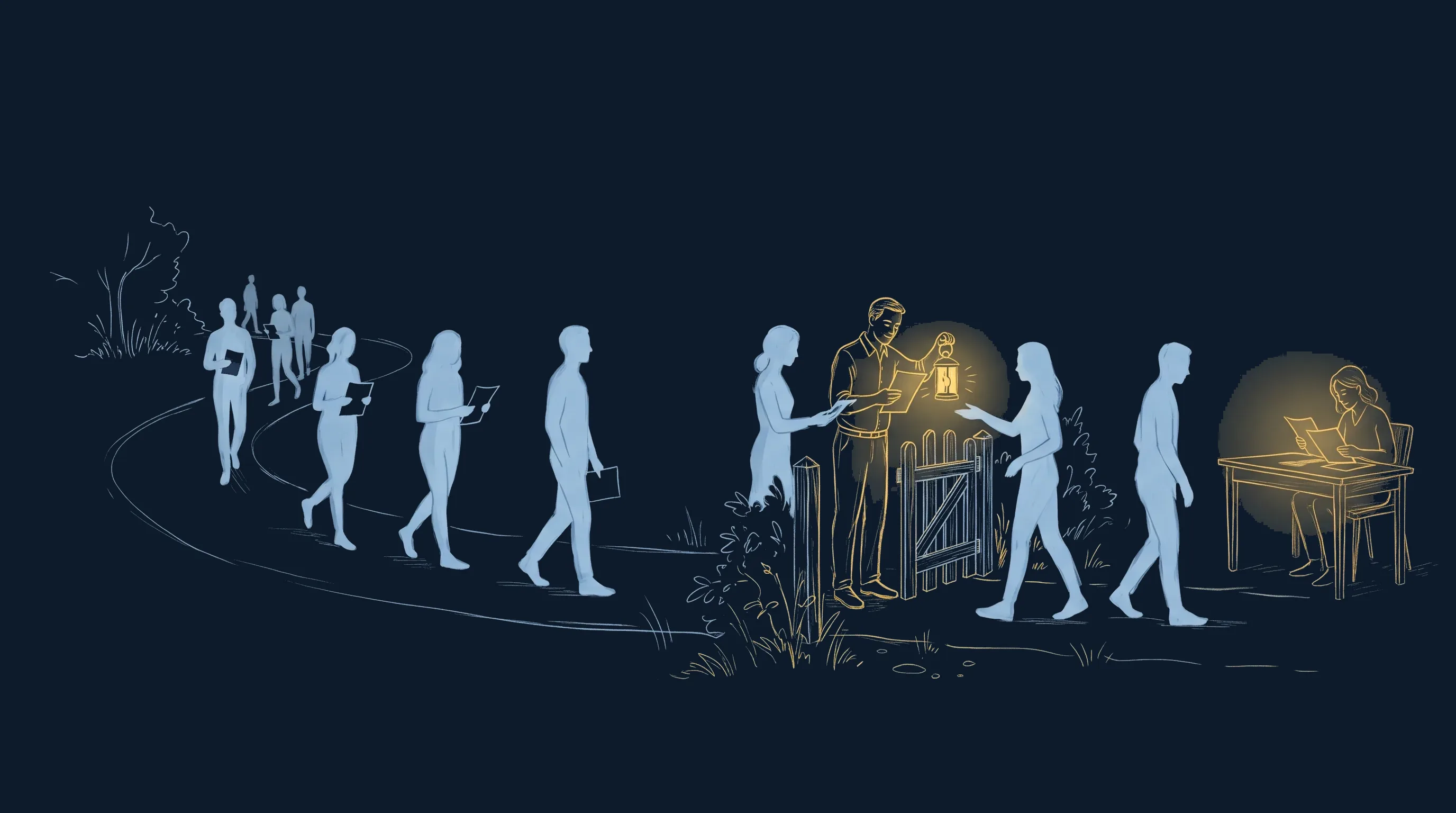 Illustration dessinée à la main : un gardien à la lanterne vérifie chaque page portée vers un petit portail et en rend une pour correction