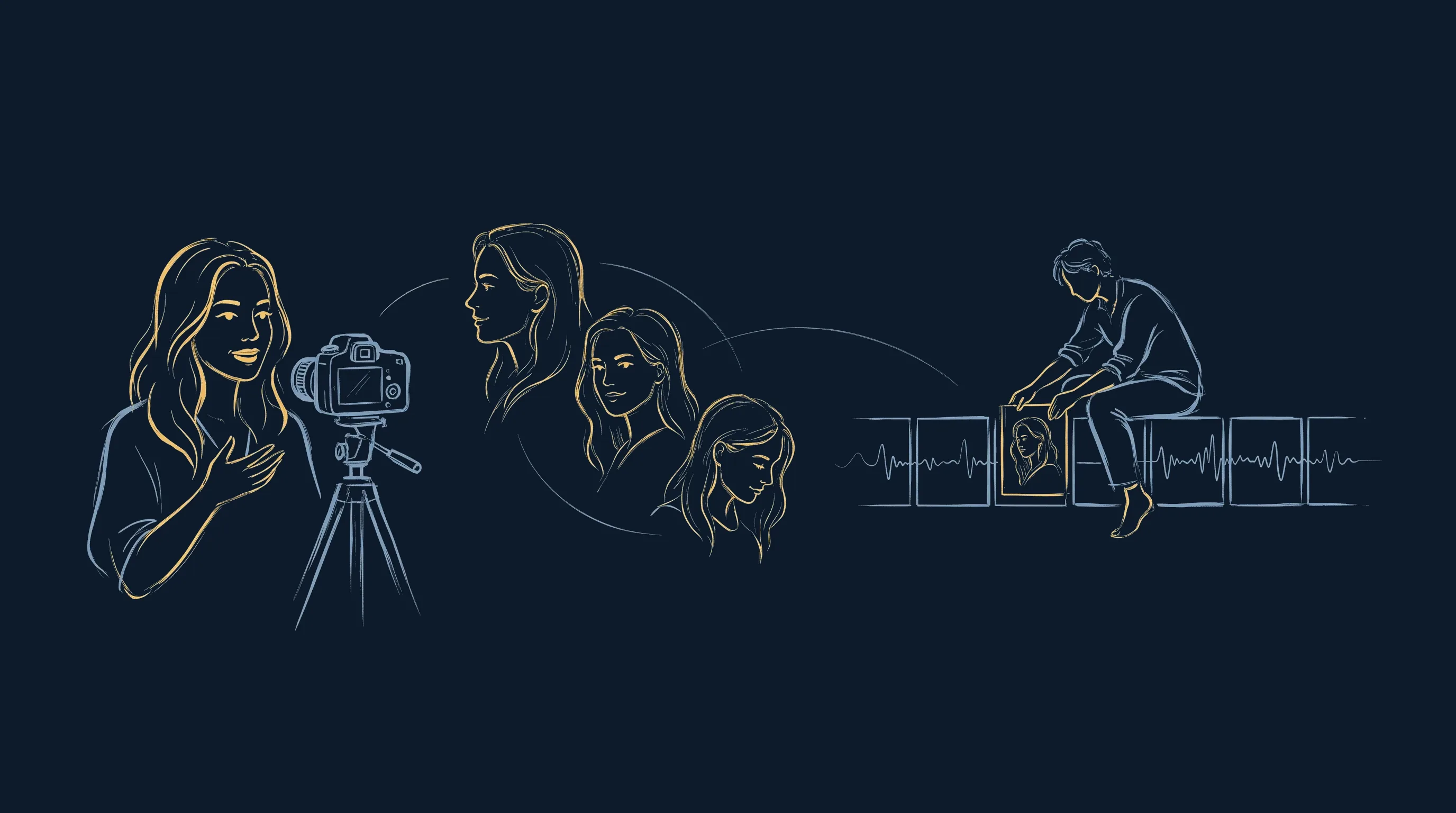 Illustration dessinée à la main : une femme filmée face caméra, trois angles dérivés de son portrait, et une personne qui assemble les plans sur une timeline de montage