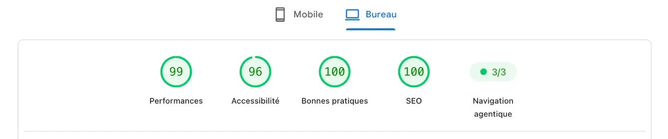 Scores PageSpeed Insights de jessem.fr : 99 en performances, 96 en accessibilité, 100 en bonnes pratiques et 100 en SEO