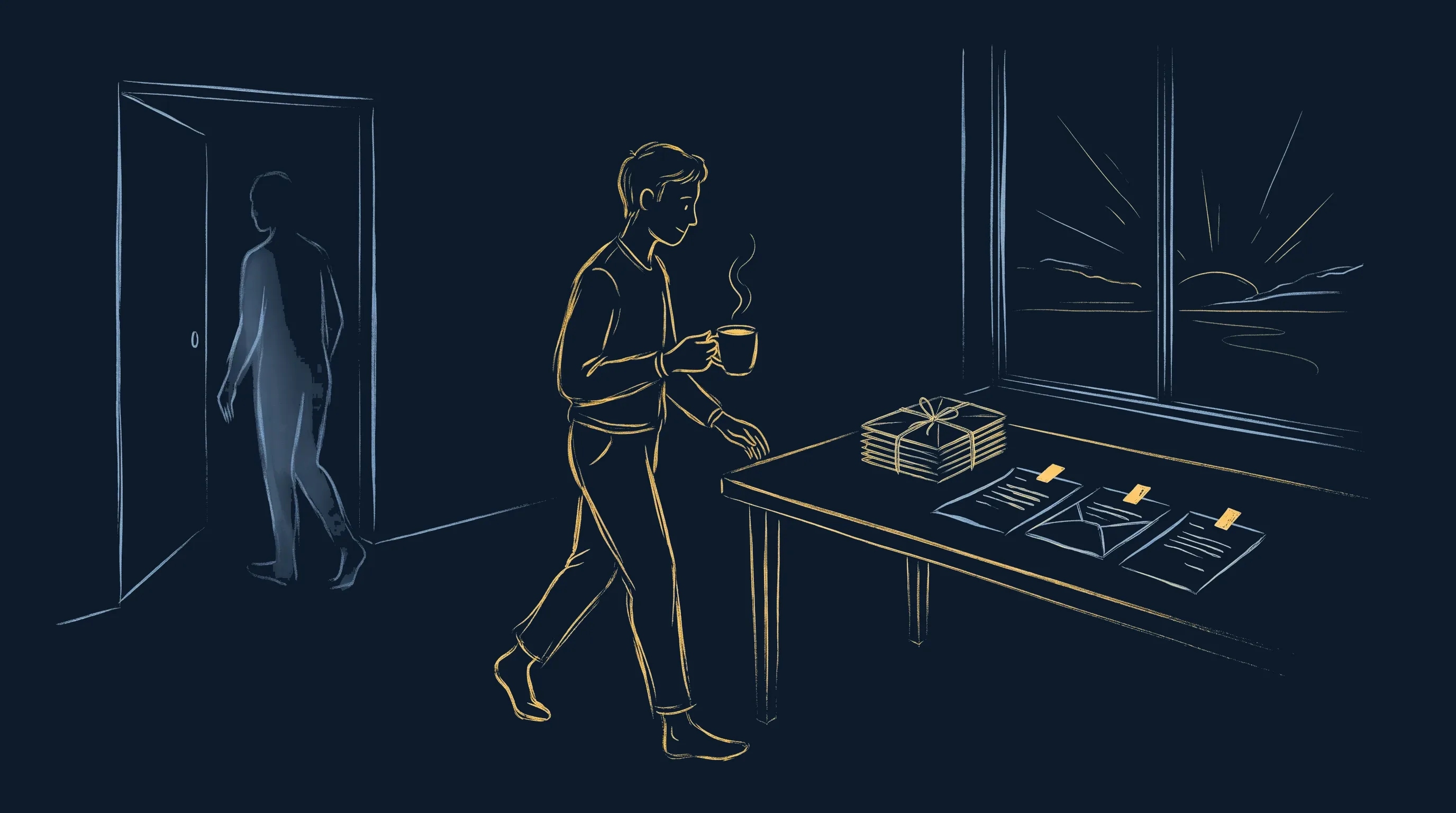 Illustration dessinée à la main : au lever du jour, une personne trouve sur son bureau une pile de courrier déjà triée et quelques lettres prêtes à relire