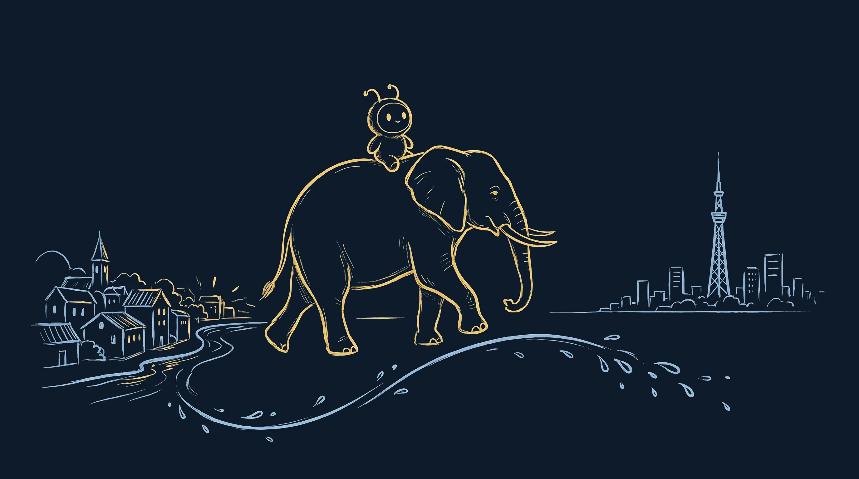 Vidéo IA Qiplim de Nantes à VivaTech : illustration d'une mascotte peluche à antennes chevauchant un éléphant géant, créée avec Magnific, dans le style sketch doré et bleu du blog