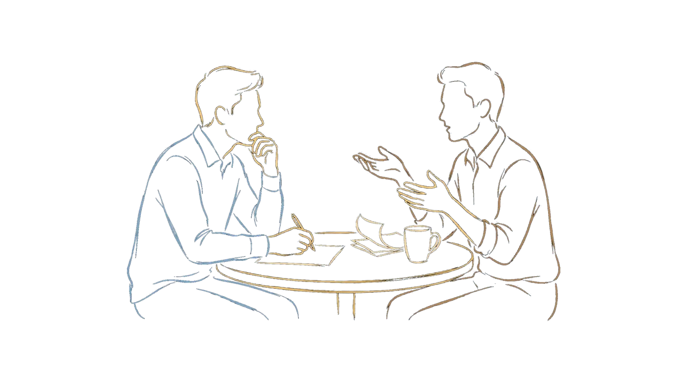 Deux personnes en tête à tête autour d'une table, l'une prend des notes pendant que l'autre expose son besoin