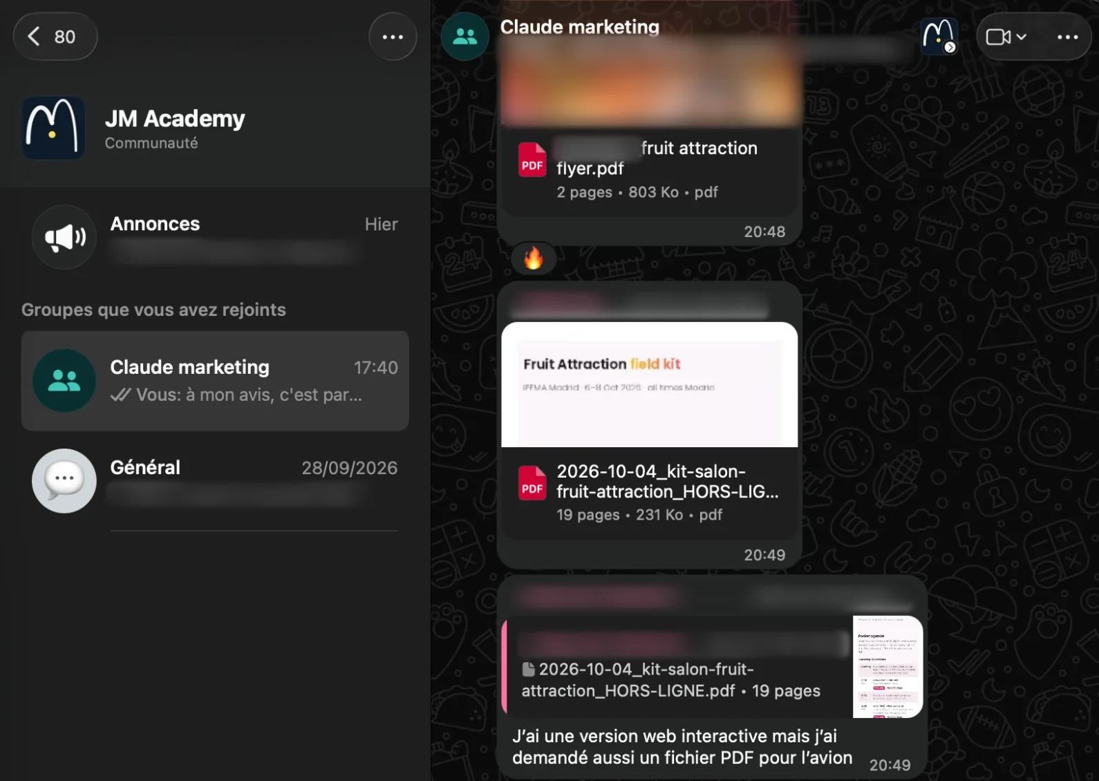 The JM Academy WhatsApp community (in French): announcements, the private group of the Claude marketing cohort and the general group; in the cohort group, a learner shares a kit for a trade show. Names, numbers and photos blurred