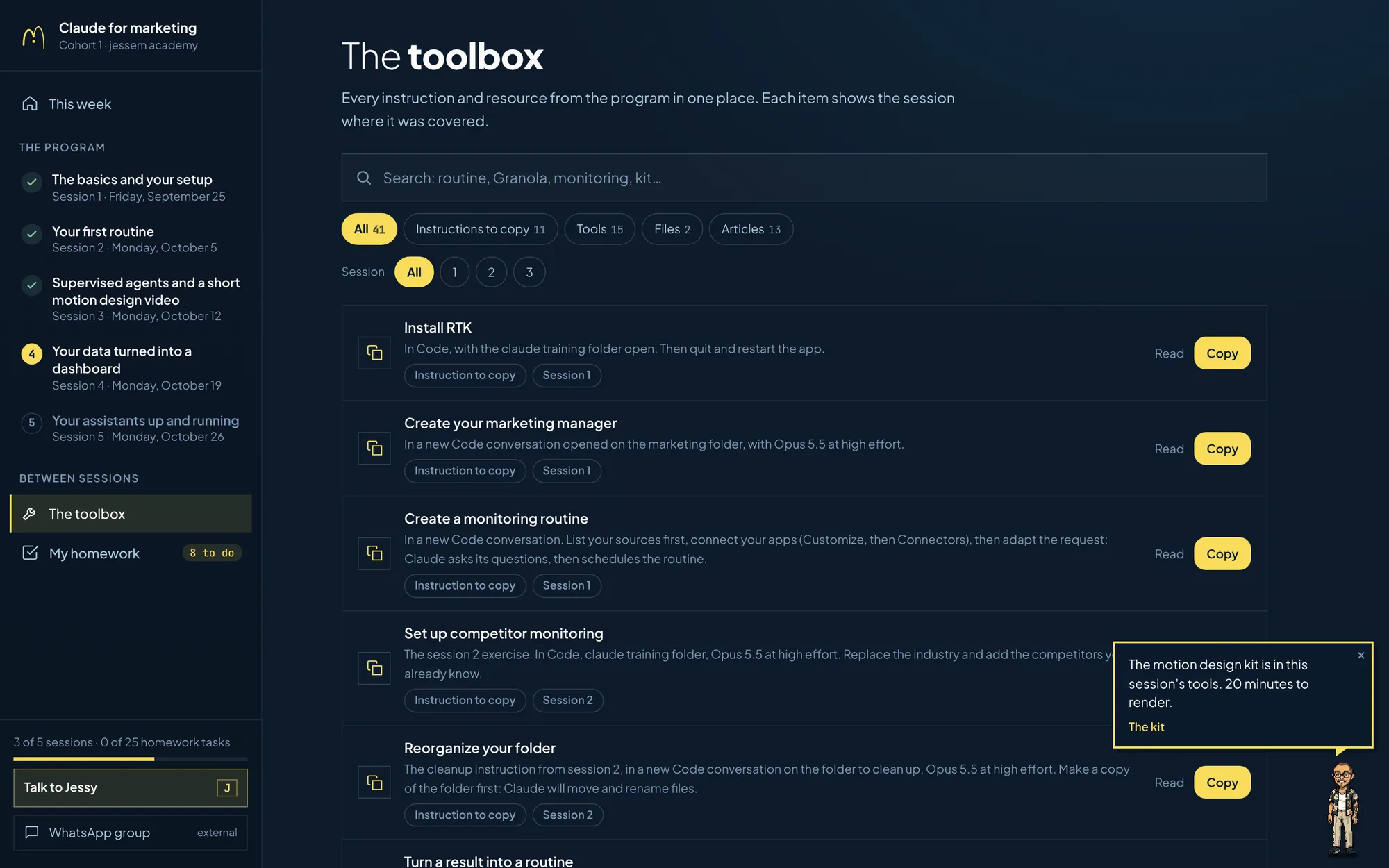 The toolbox: 41 instructions, tools, files and articles, filterable by type and session