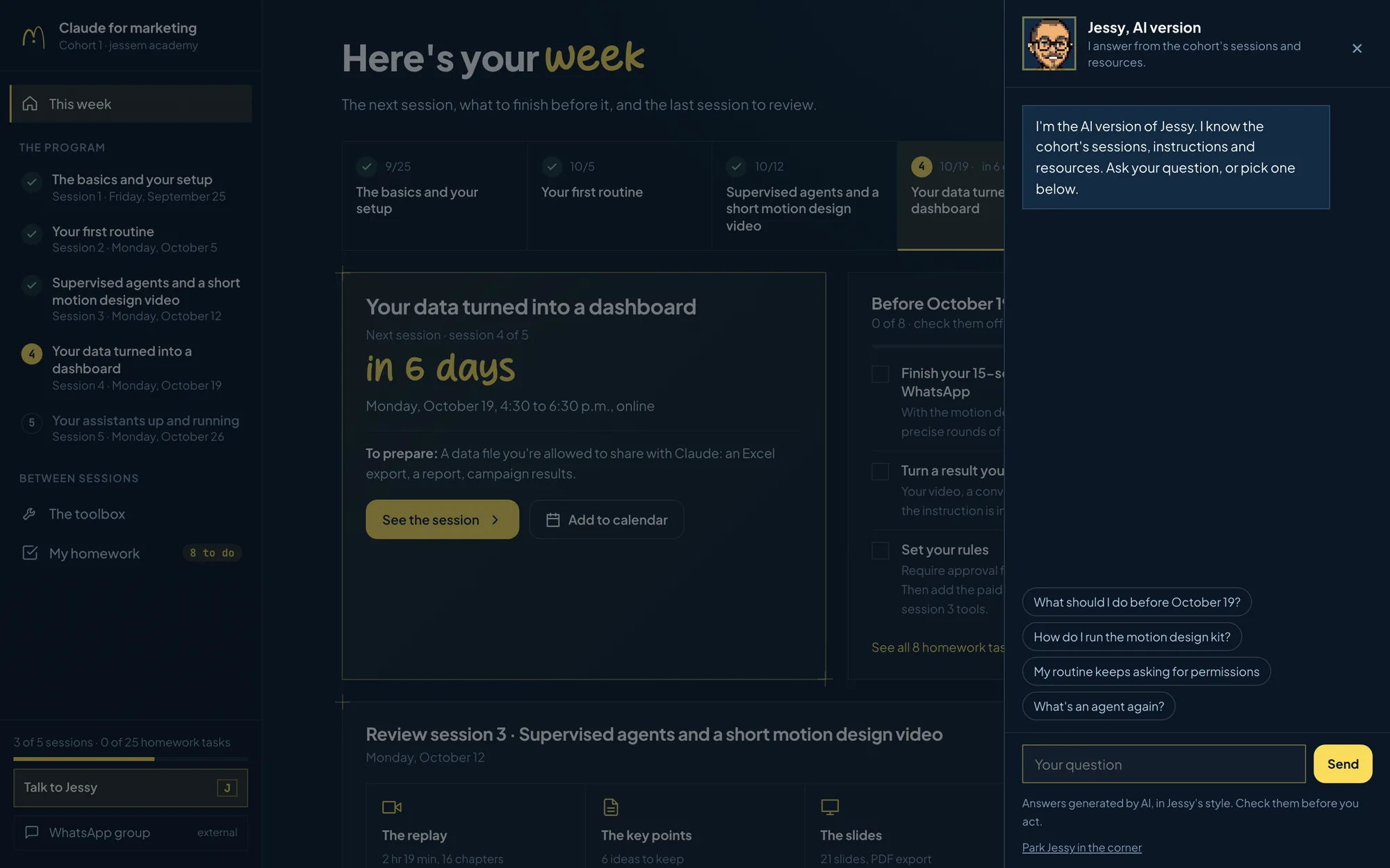 The conversation with Jessy, AI version: an introduction, 4 suggested questions and a reminder that the answers are AI-generated