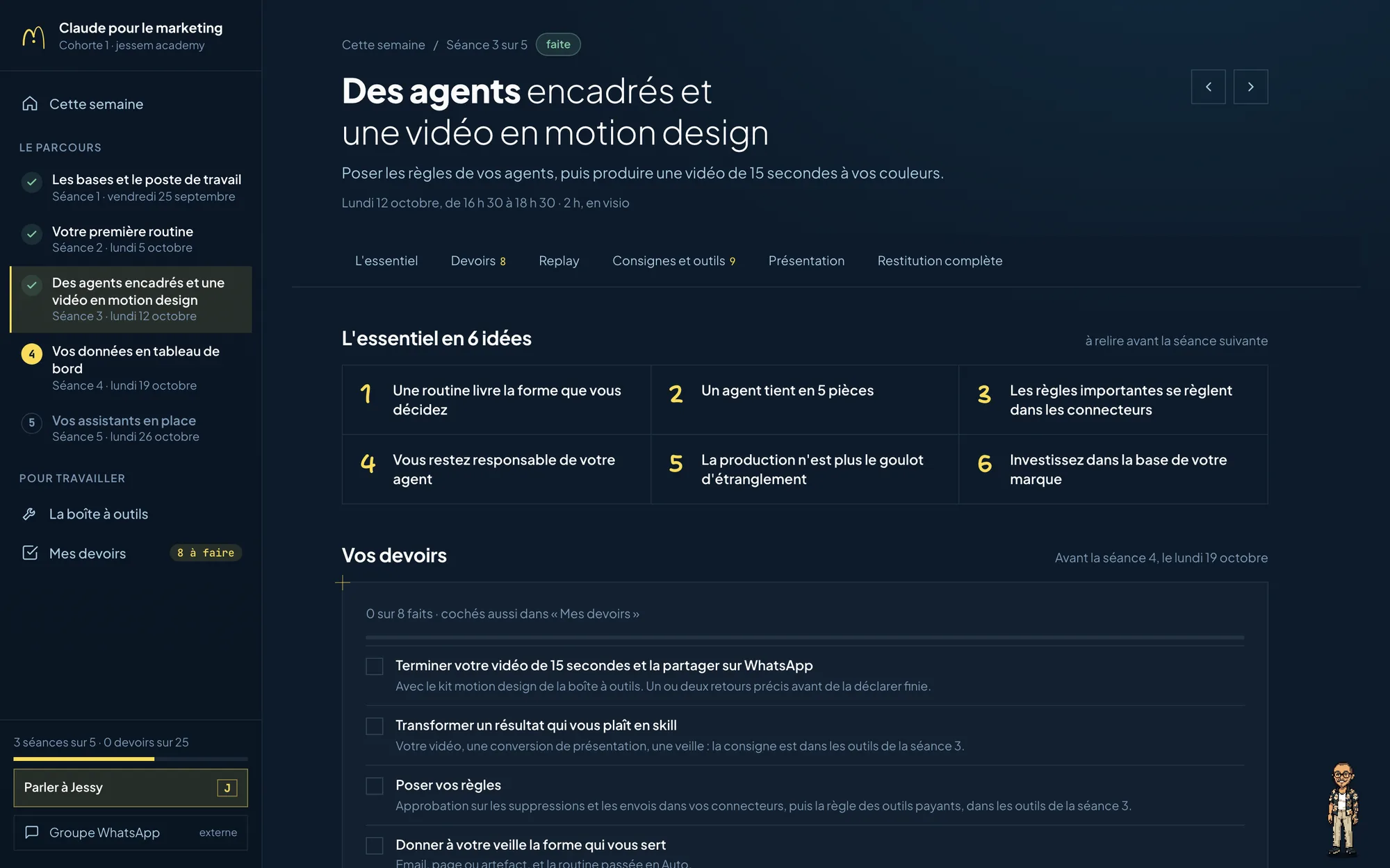 La page d'une séance : l'essentiel en 6 idées, les devoirs, puis les onglets replay, consignes, présentation et restitution complète