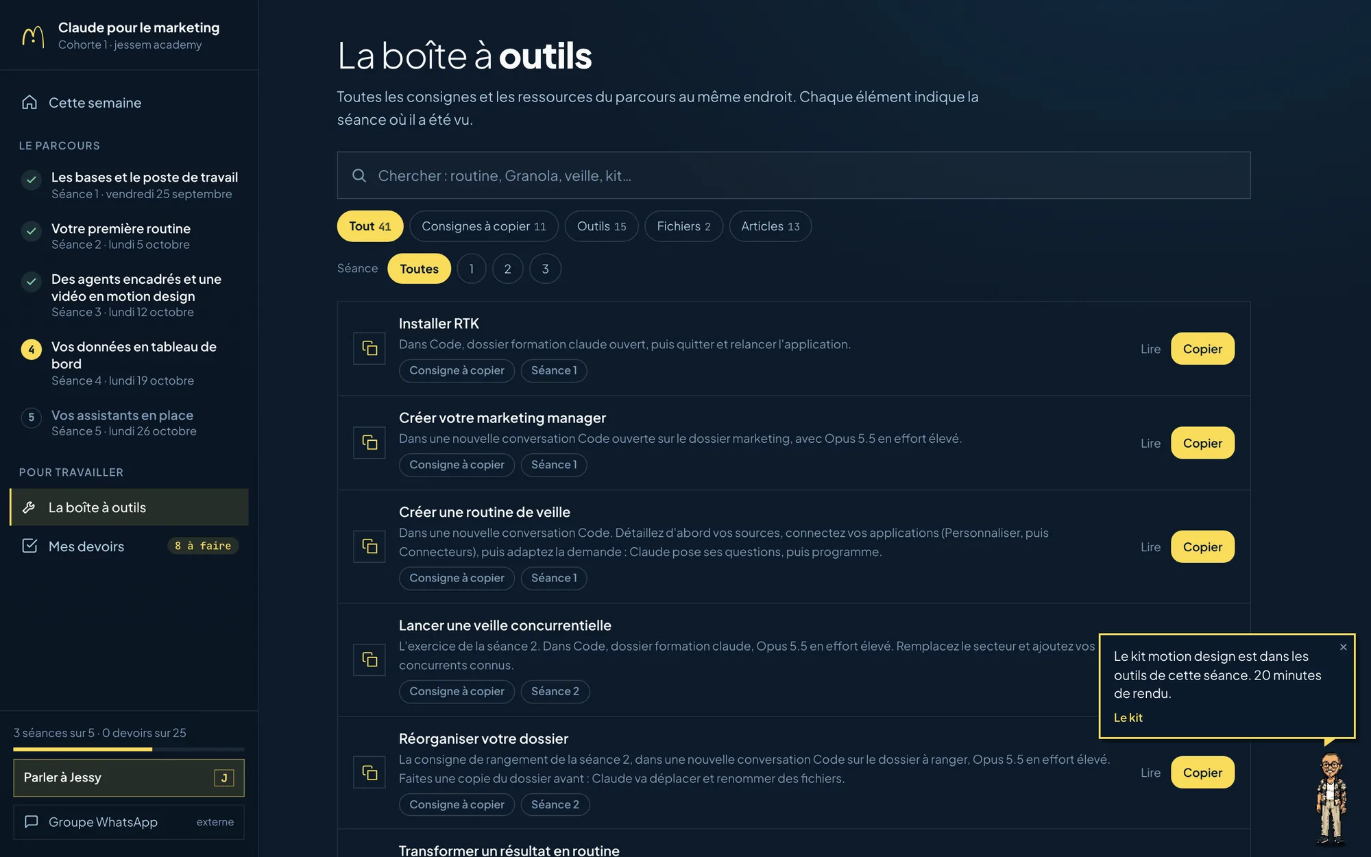 La boîte à outils : 41 consignes, outils, fichiers et articles, filtrables par type et par séance
