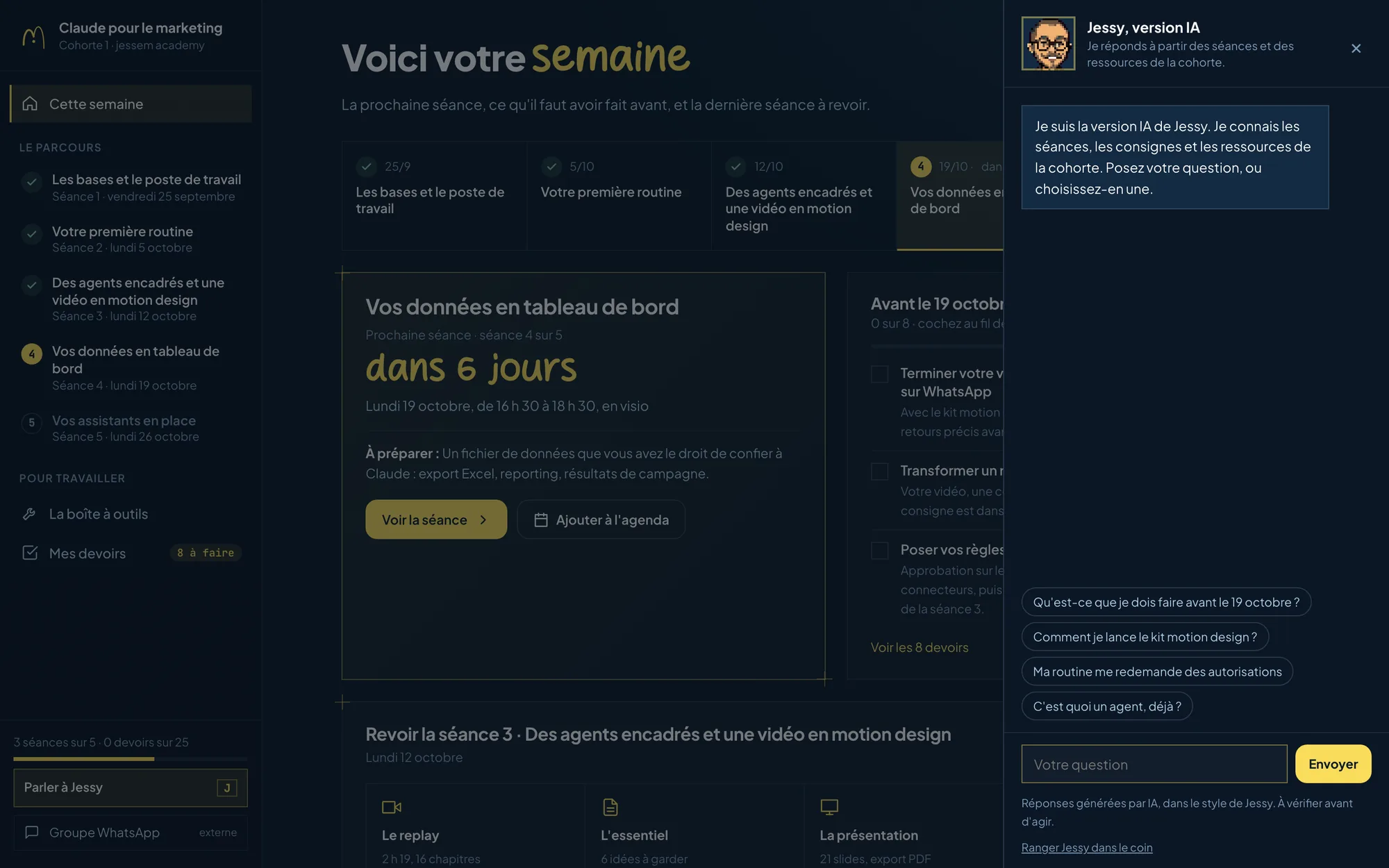 La conversation avec Jessy, version IA : il se présente, propose quatre questions et rappelle que ses réponses sont générées par IA