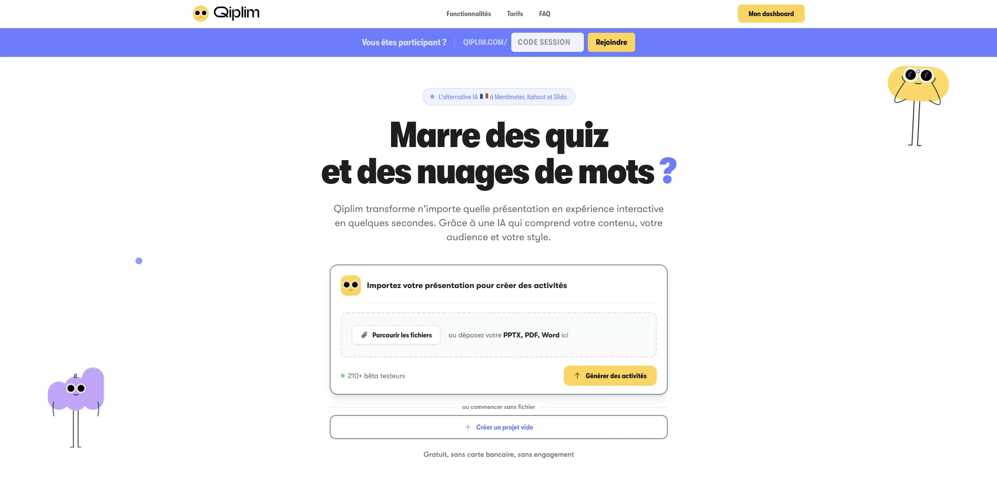 Capture d'écran de la landing page Qiplim, alternative IA à Mentimeter et Kahoot, générée avec le copilot marketing piloté par Claude Code
