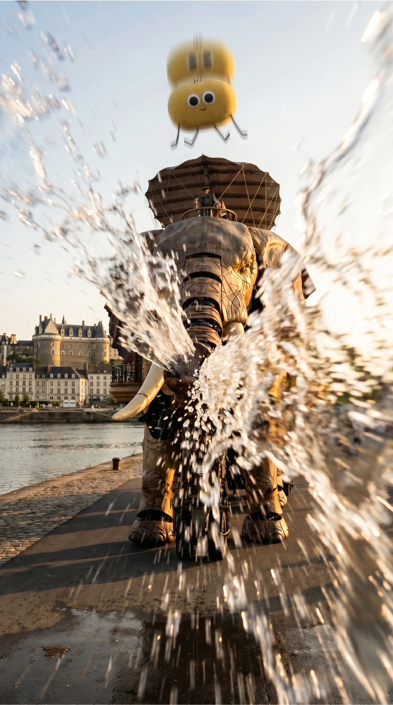 Première frame : la mascotte Qiplim au-dessus du Grand Éléphant des Machines de l'Île à Nantes, gerbe d'eau dorée, Château des ducs de Bretagne en fond