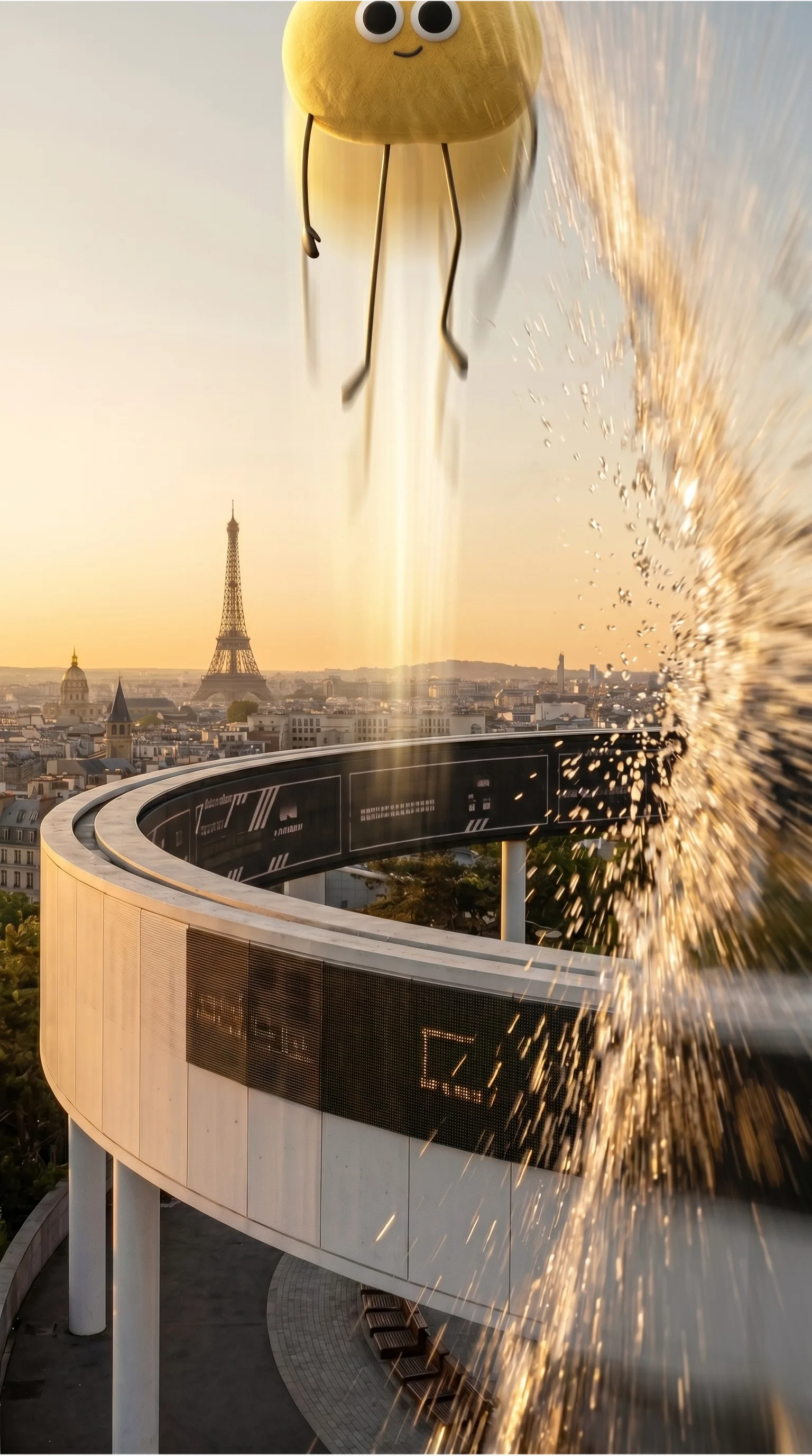 Dernière frame : la mascotte Qiplim s'élance au-dessus de l'anneau de VivaTech à Paris Expo Porte de Versailles, Tour Eiffel en fond, golden hour